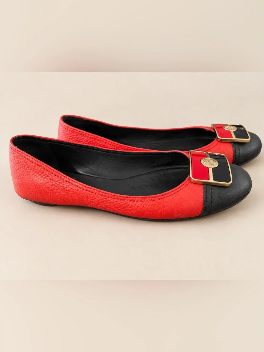 TORY BURCH Red Black Leather Ballet Flats Logo Designer Shoes size 8 1/2